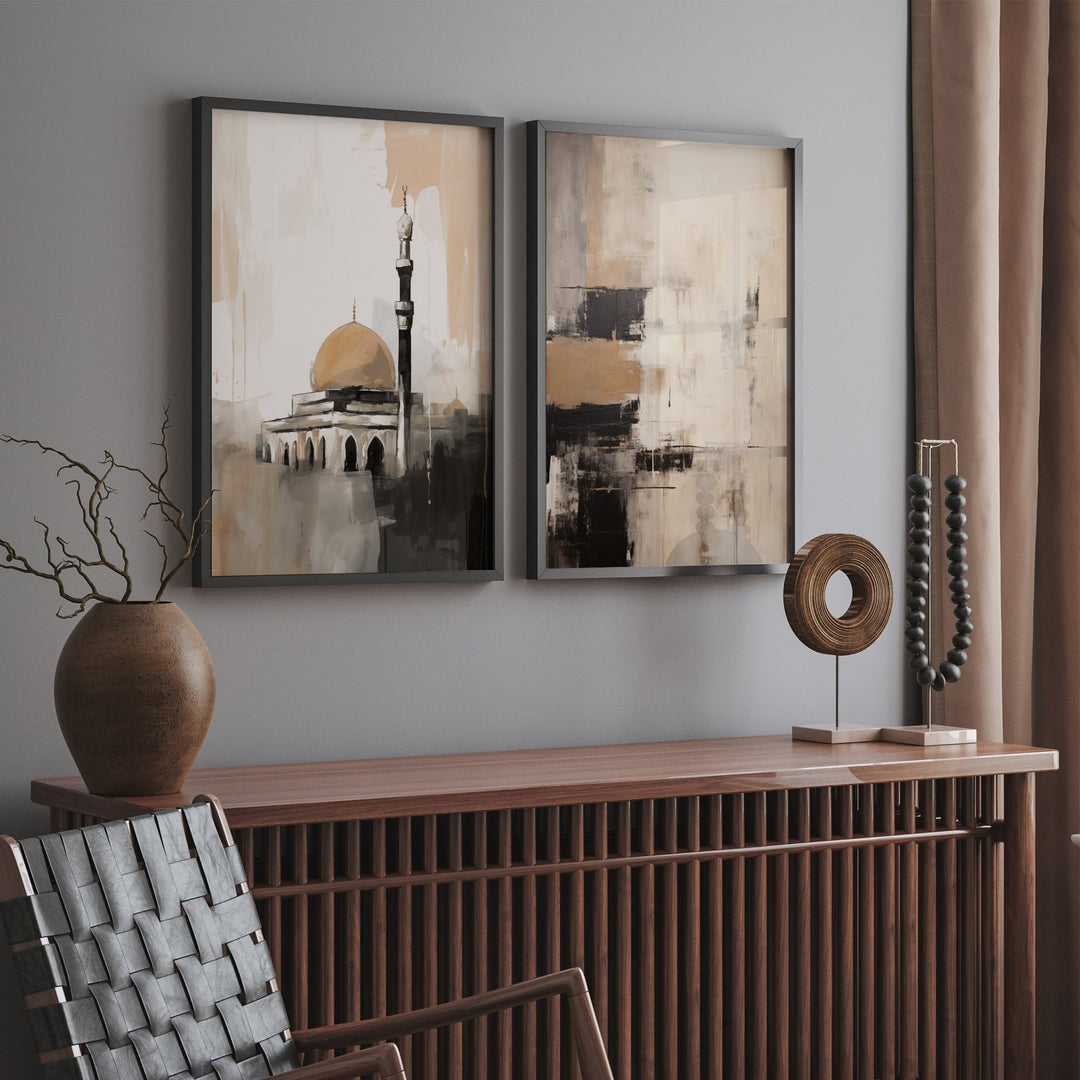 Palestine Dome of the Rock & Kaaba Wall Art | Set of 2 Islamic Wall Art Prints | Black and Gold Abstract Painting