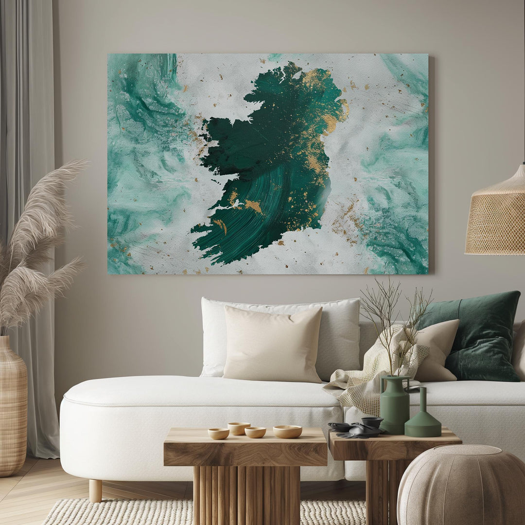 Ireland Map Green & Gold Canvas Wall Art | Ireland Wall Art | Ready To Hang Canvas