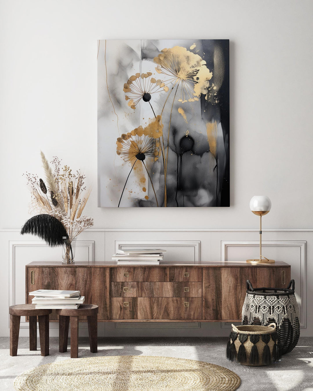 Dandelion Shades of Black, Grey & Gold Canvas Wall Art | Ready To Hang Stretched Canvas