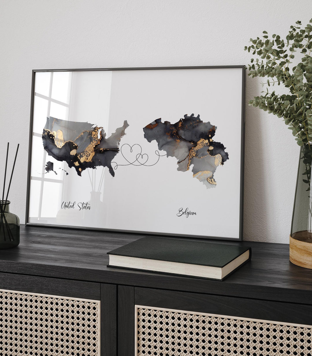 USA and Belgium Map Black & Gold Travel Wall Art Print | United States | America | Travel Moving Home Gift