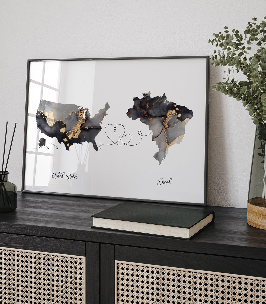 USA and Brasil Map Black & Gold Travel Wall Art Print | United States | America | Travel Moving Home Gift