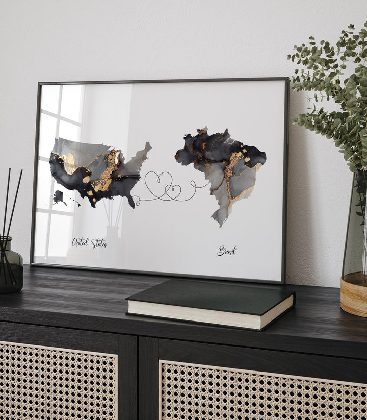 USA and Brasil Map Black & Gold Travel Wall Art Print | United States | America | Travel Moving Home Gift