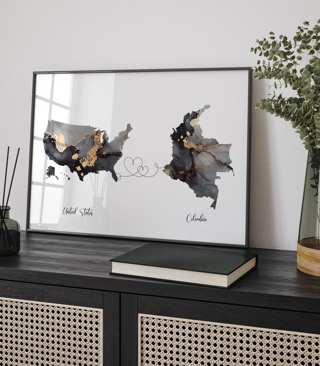 USA and Colombia Map Black & Gold Travel Wall Art Print | United States | America | Travel Moving Home Gift