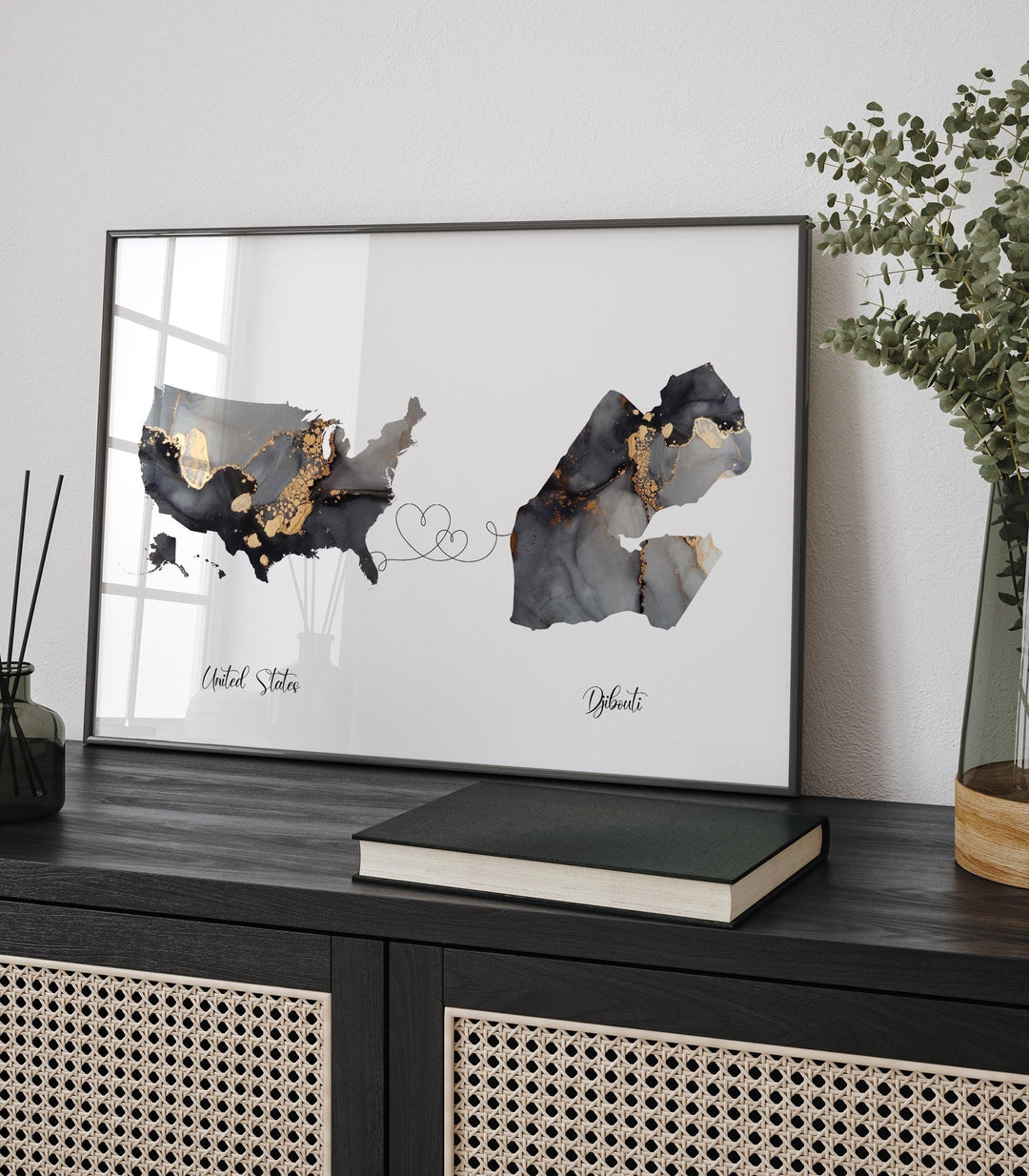 USA and Djibouti Map Black & Gold Travel Wall Art Print | United States | America | Travel Moving Home Gift