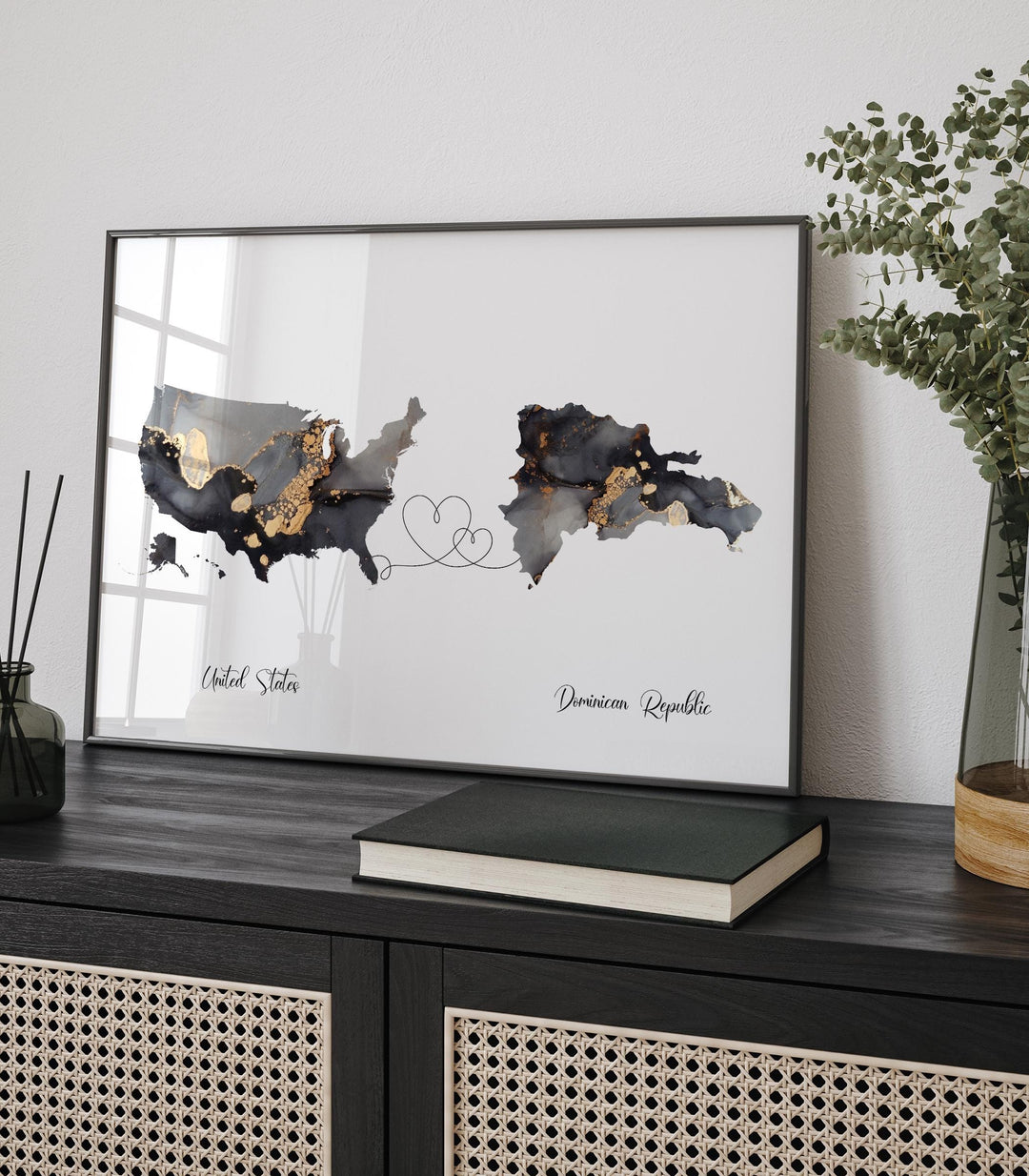 USA and Dominican Republic Map Black & Gold Travel Wall Art Print | United States | America | Travel Moving Home Gift