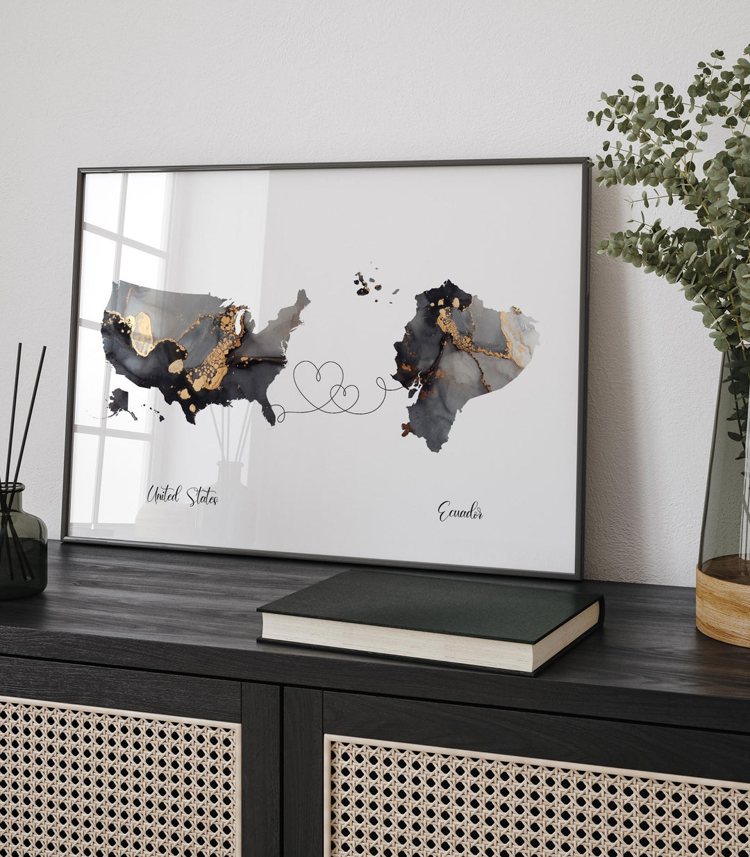 USA and Ecuador Map Black & Gold Travel Wall Art Print | United States | America | Travel Moving Home Gift