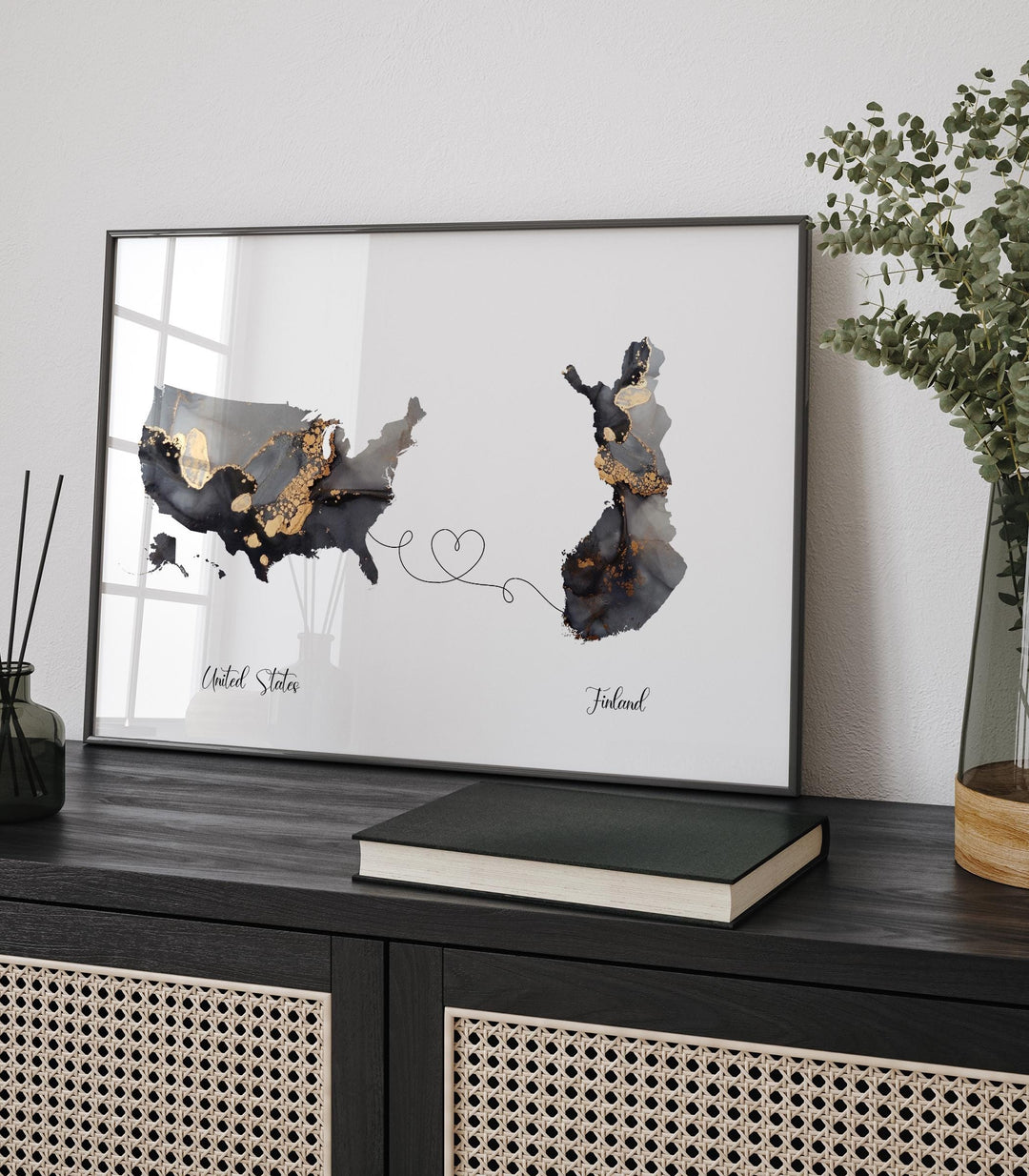 USA and Finland Map Black & Gold Travel Wall Art Print | United States | America | Travel Moving Home Gift