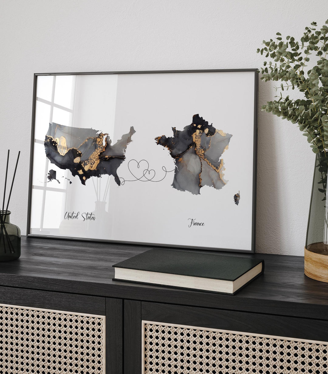 USA and France Map Black & Gold Travel Wall Art Print | United States | America | Travel Moving Home Gift