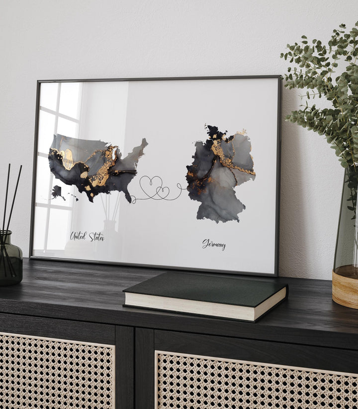 USA and Germany Map Black & Gold Travel Wall Art Print | United States | America | Travel Moving Home Gift