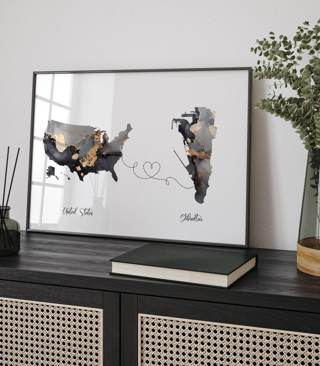 USA and Gibraltar Map Black & Gold Travel Wall Art Print | United States | America | Travel Moving Home Gift
