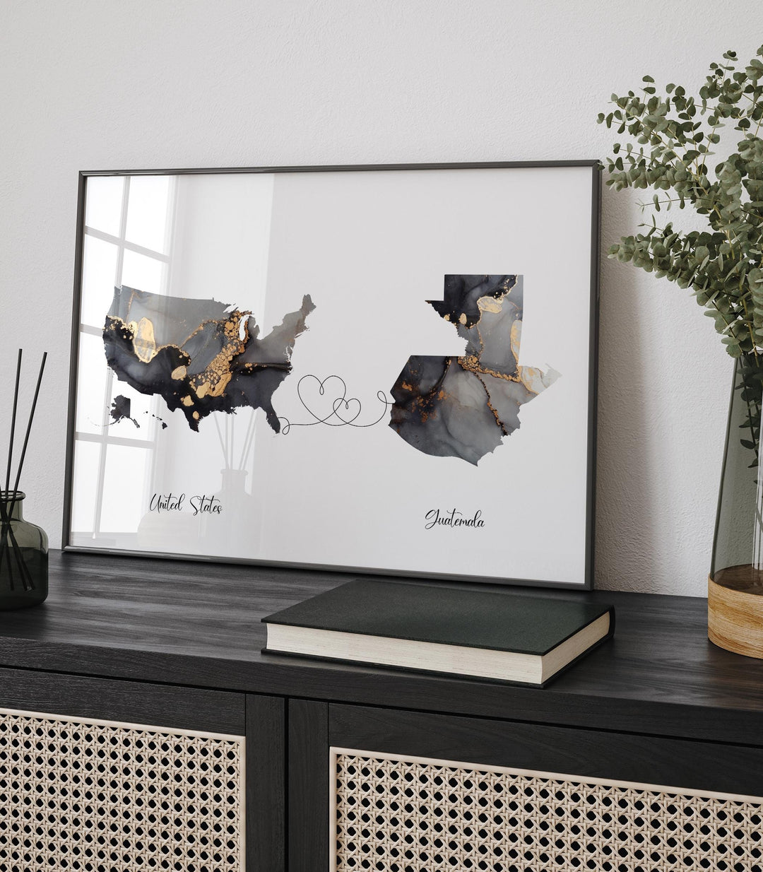 USA and Guatemala Map Black & Gold Travel Wall Art Print | United States | America | Travel Moving Home Gift