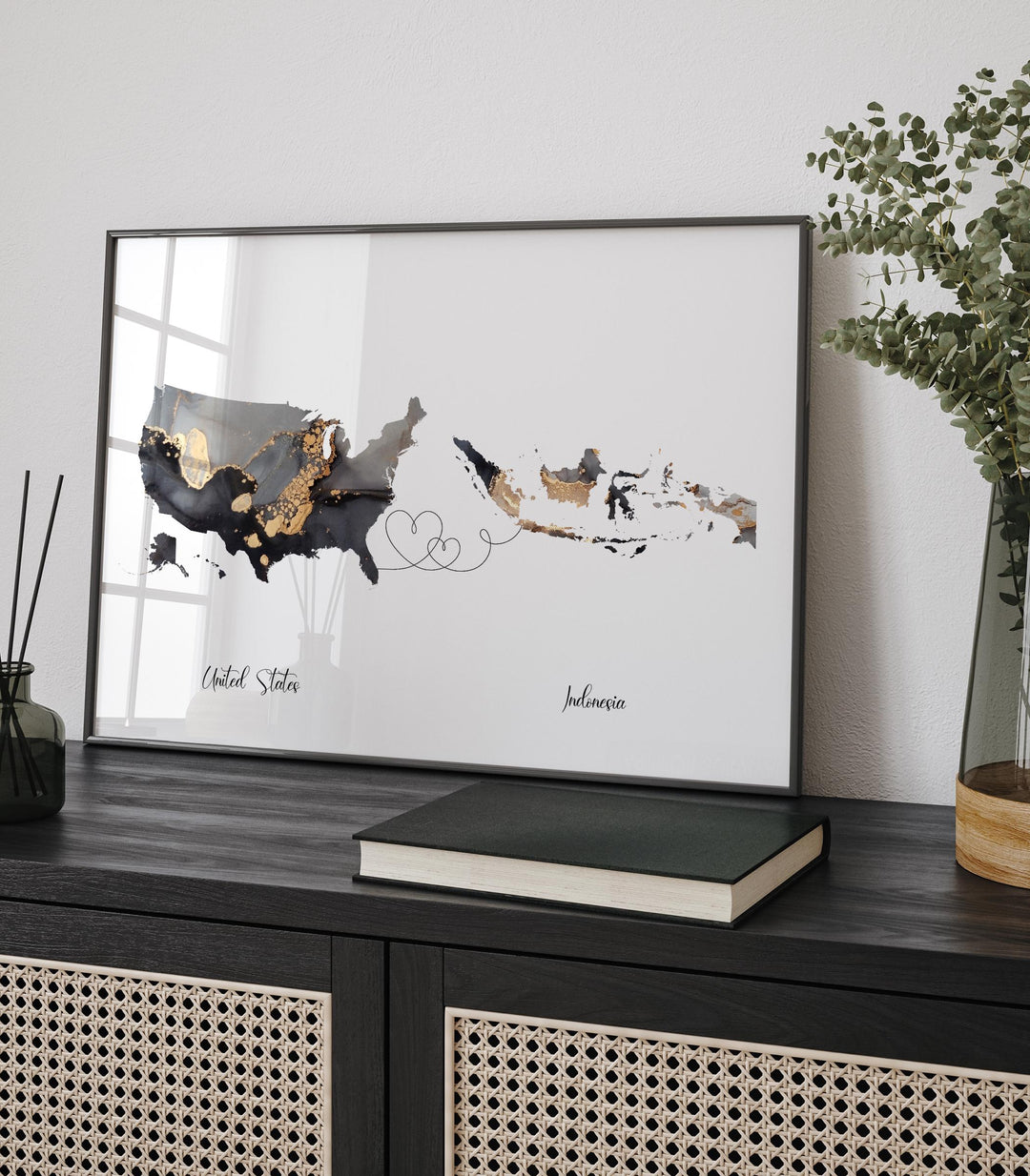 USA and Indonesia Map Black & Gold Travel Wall Art Print | United States | America | Travel Moving Home Gift
