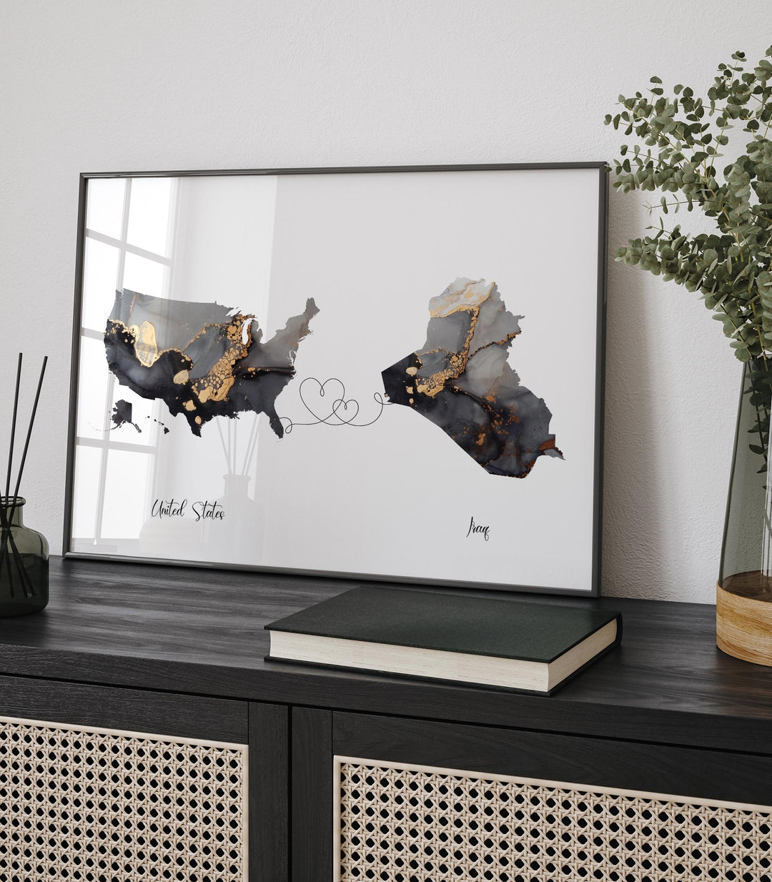 USA and Iraq Map Black & Gold Travel Wall Art Print | United States | America | Travel Moving Home Gift
