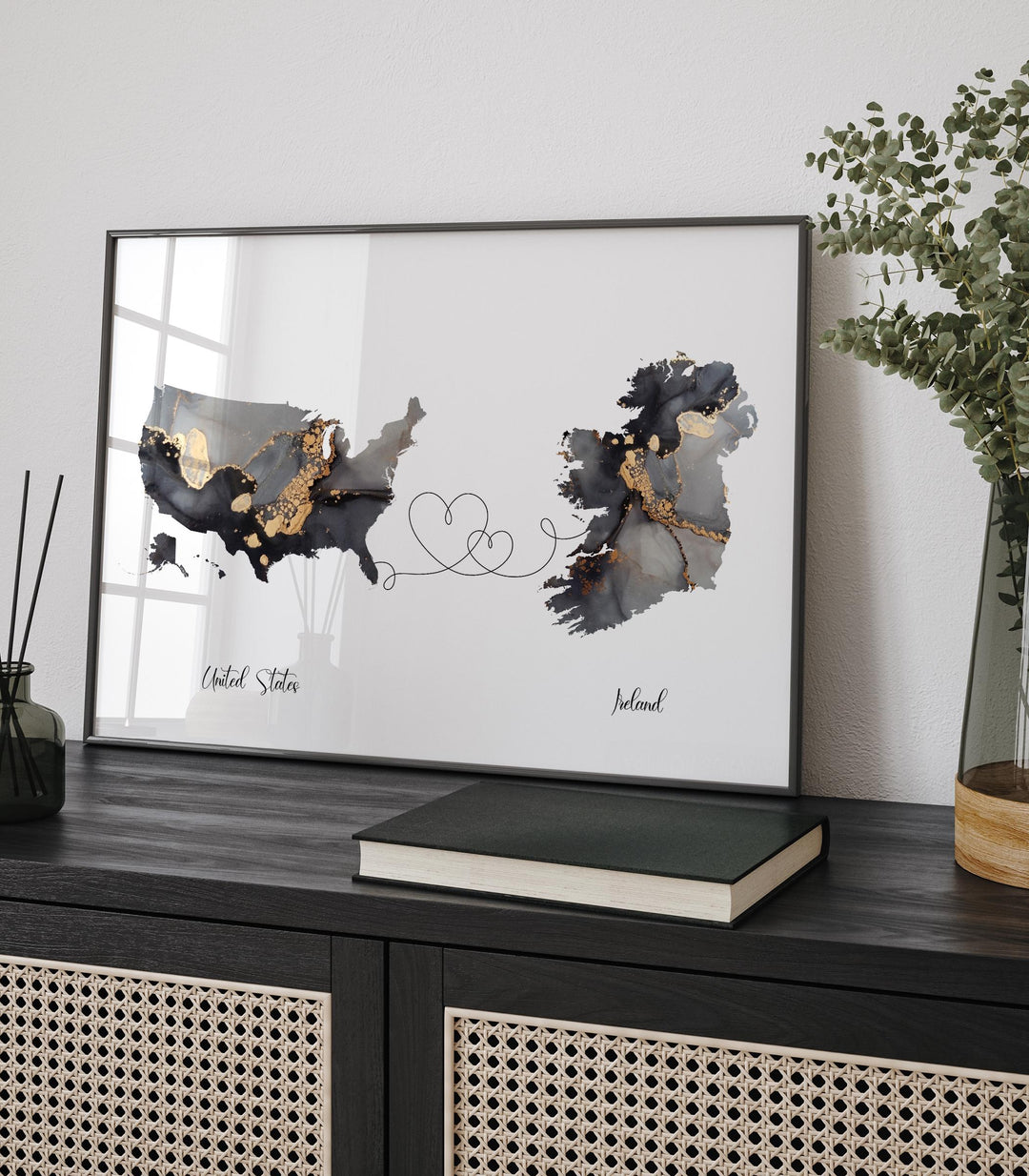USA and Ireland Map Black & Gold Travel Wall Art Print | United States | America | Travel Moving Home Gift