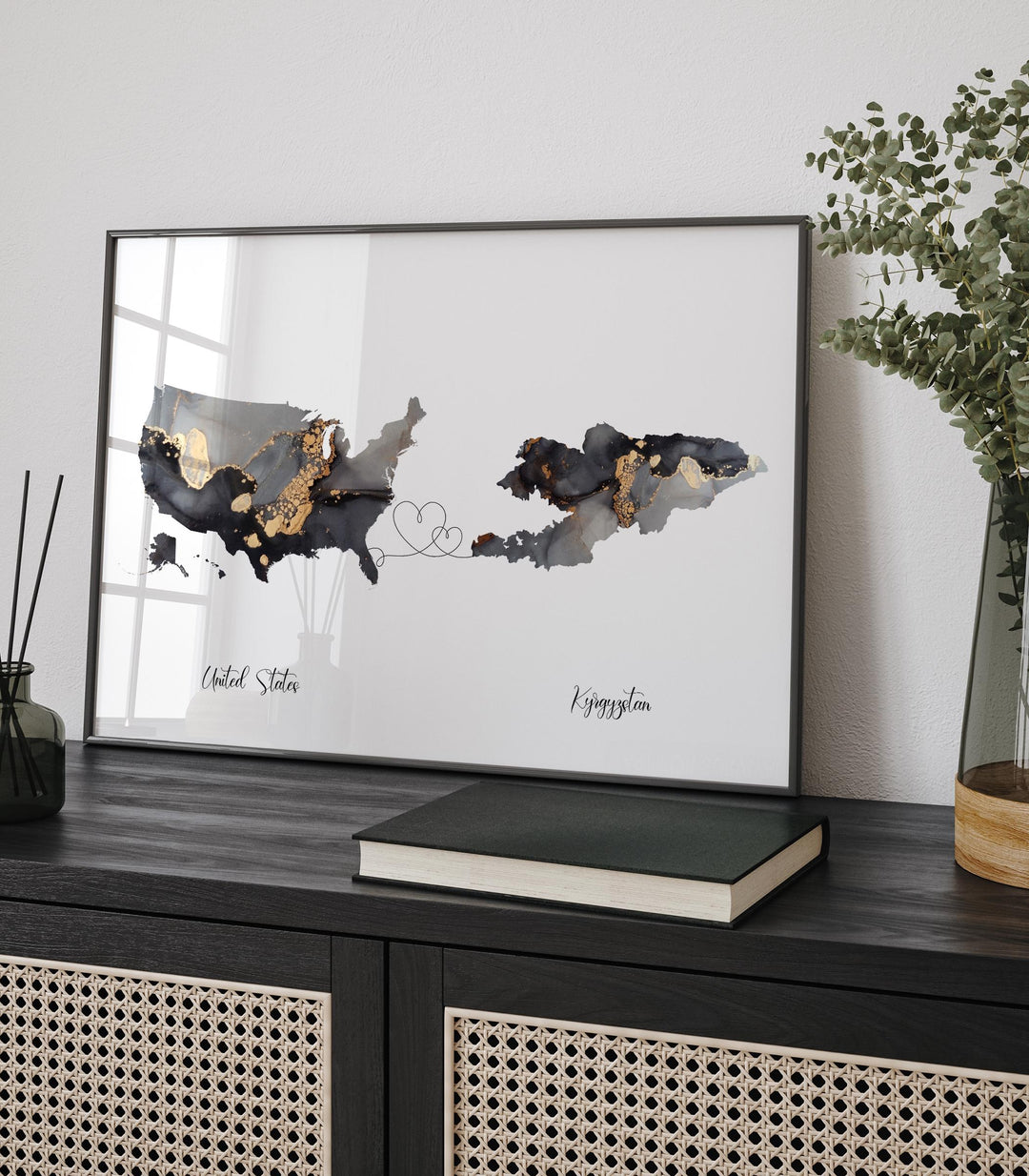 USA and Kyrgyzstan Map Black & Gold Travel Wall Art Print | United States | America | Travel Moving Home Gift