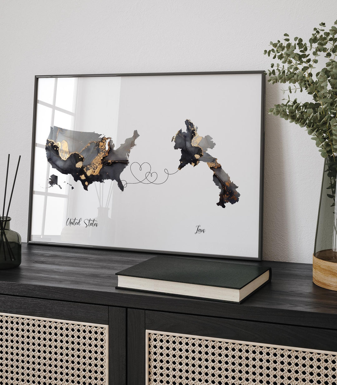 USA and Laos Map Black & Gold Travel Wall Art Print | United States | America | Travel Moving Home Gift