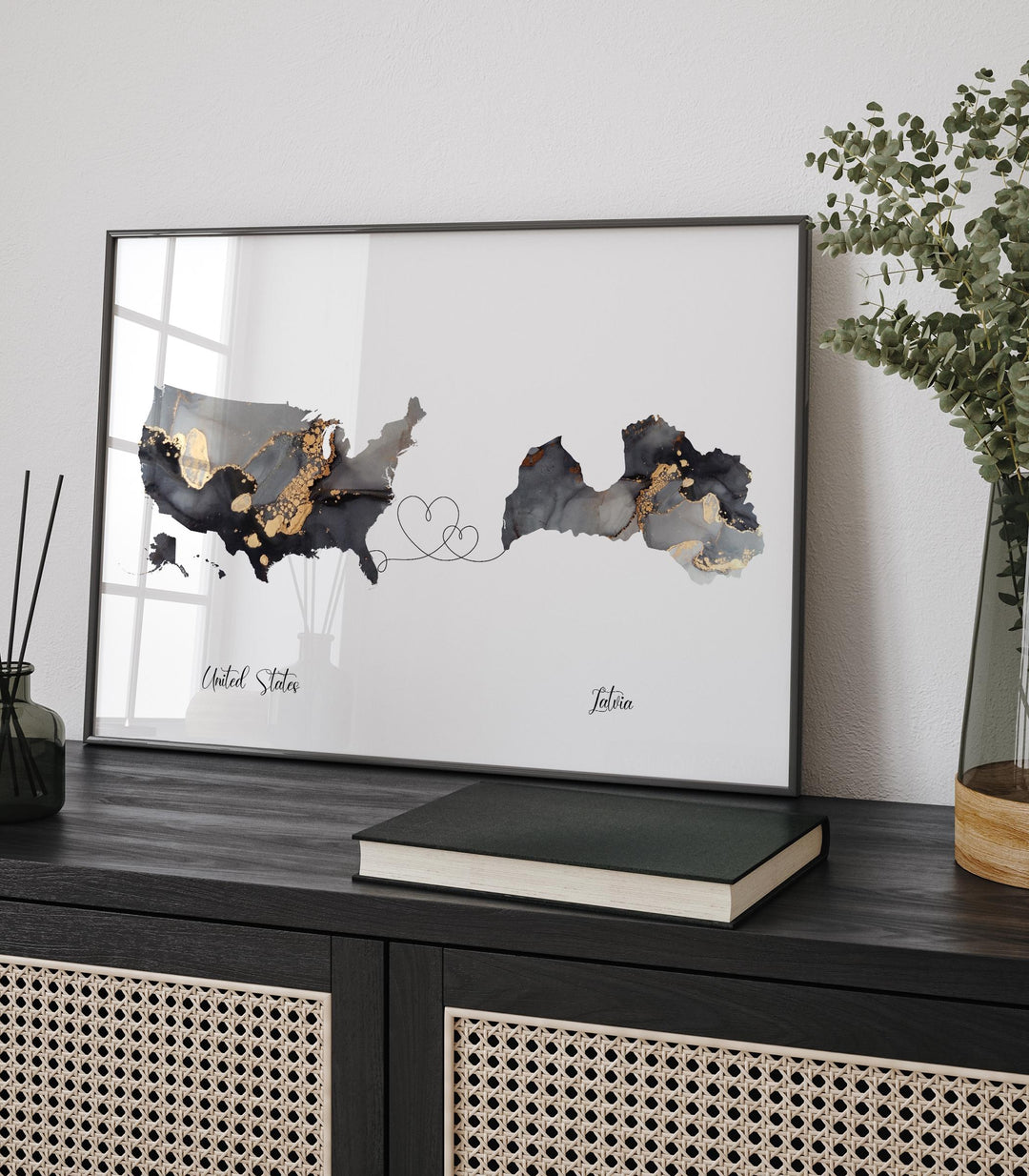 USA and Latvia Map Black & Gold Travel Wall Art Print | United States | America | Travel Moving Home Gift