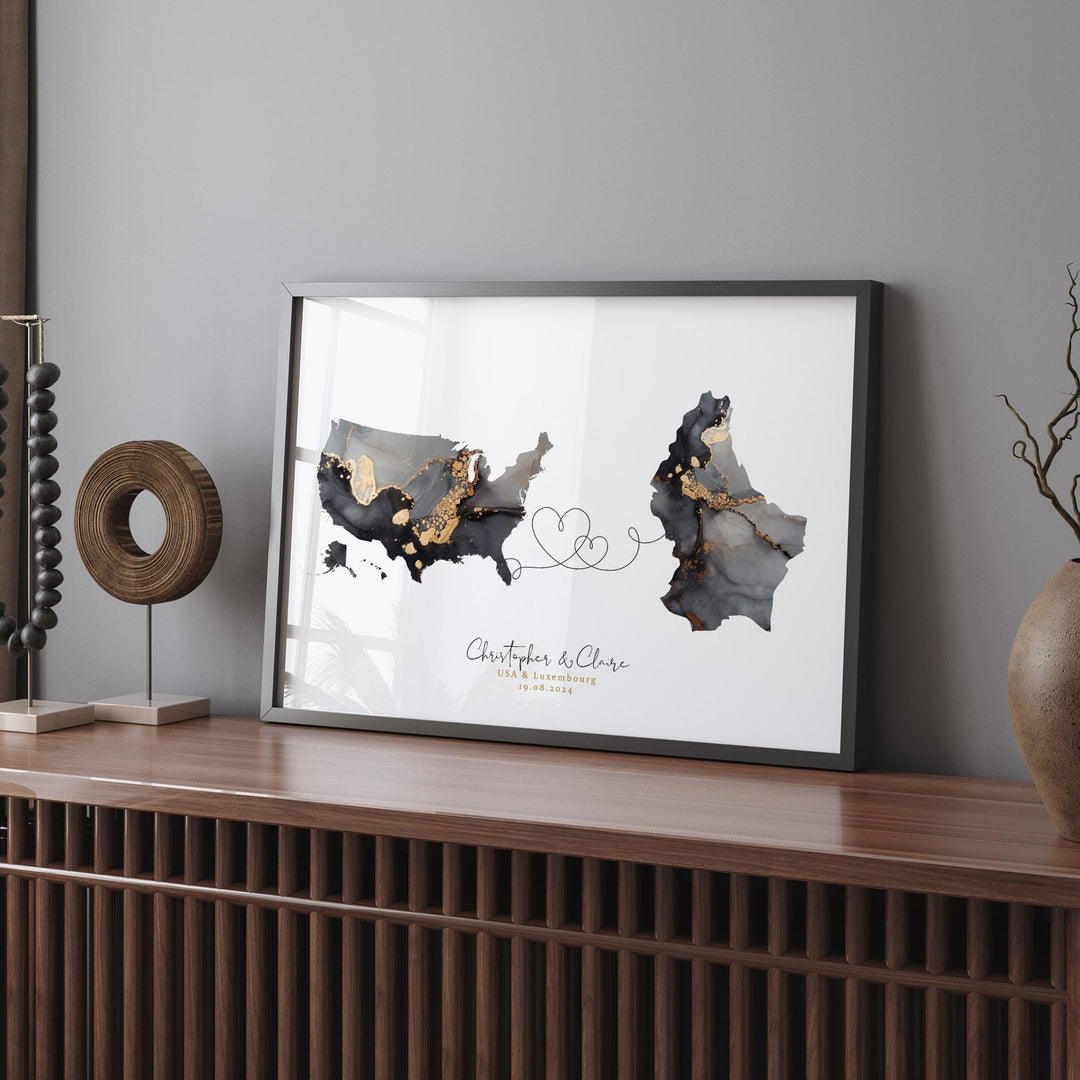 USA and Luxembourg Map Black & Gold Travel Wall Art Print | United States | America | Travel Moving Home Gift