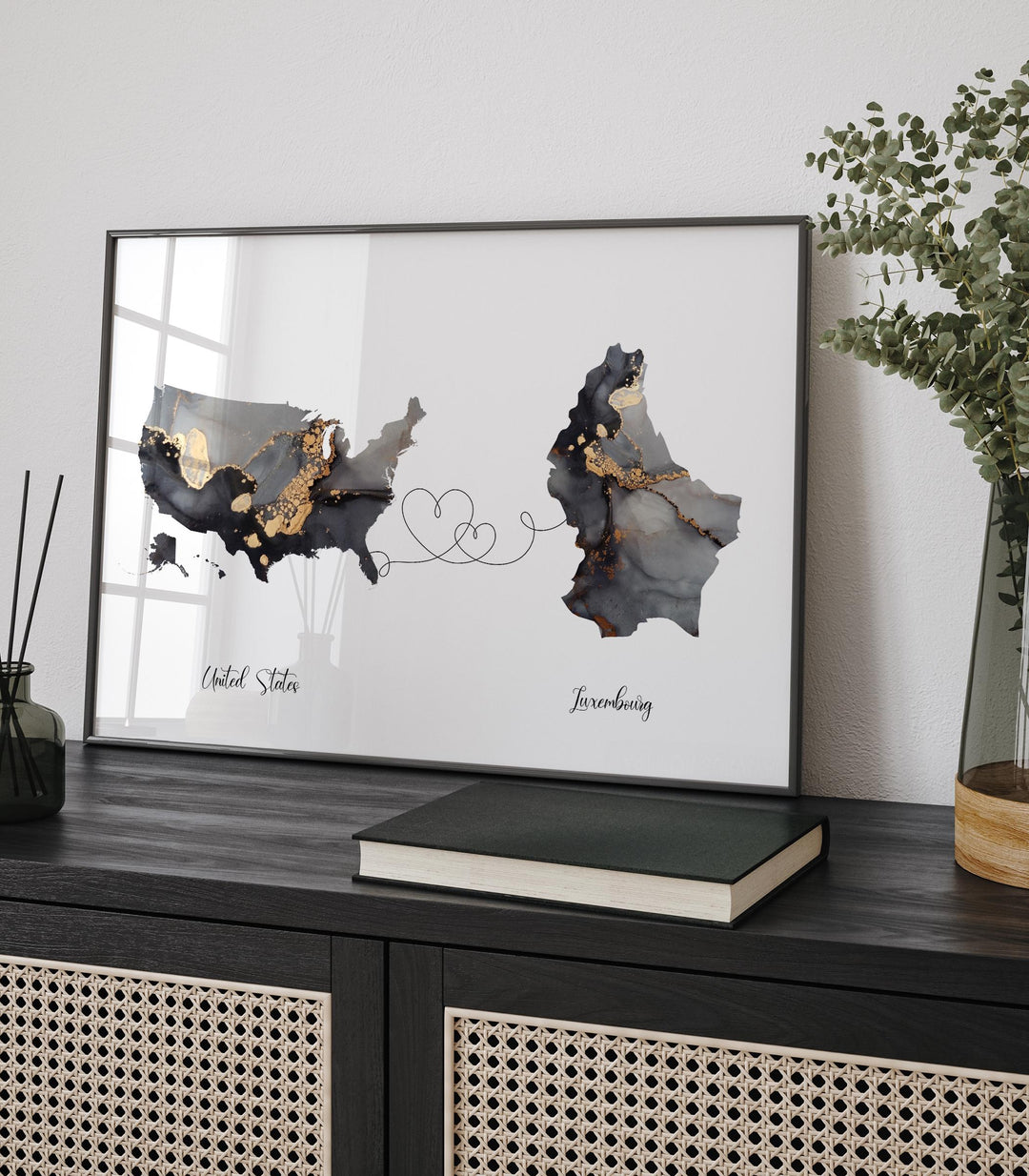 USA and Luxembourg Map Black & Gold Travel Wall Art Print | United States | America | Travel Moving Home Gift