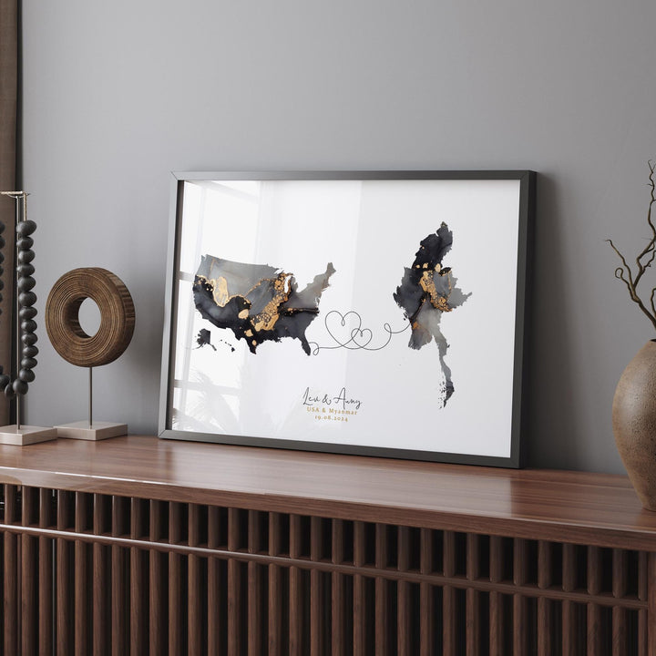 USA and Myanmar Map Black & Gold Travel Wall Art Print | United States | America | Travel Moving Home Gift