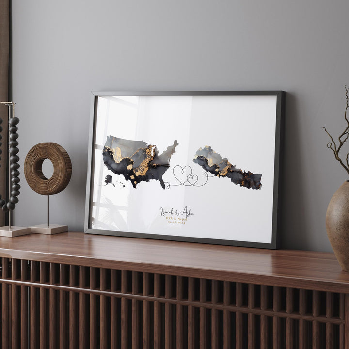 USA and Nepal Map Black & Gold Travel Wall Art Print | United States | America | Travel Moving Home Gift