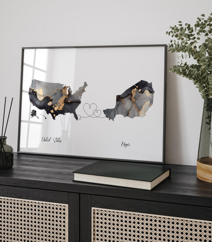 USA and Niger Map Black & Gold Travel Wall Art Print | United States | America | Travel Moving Home Gift