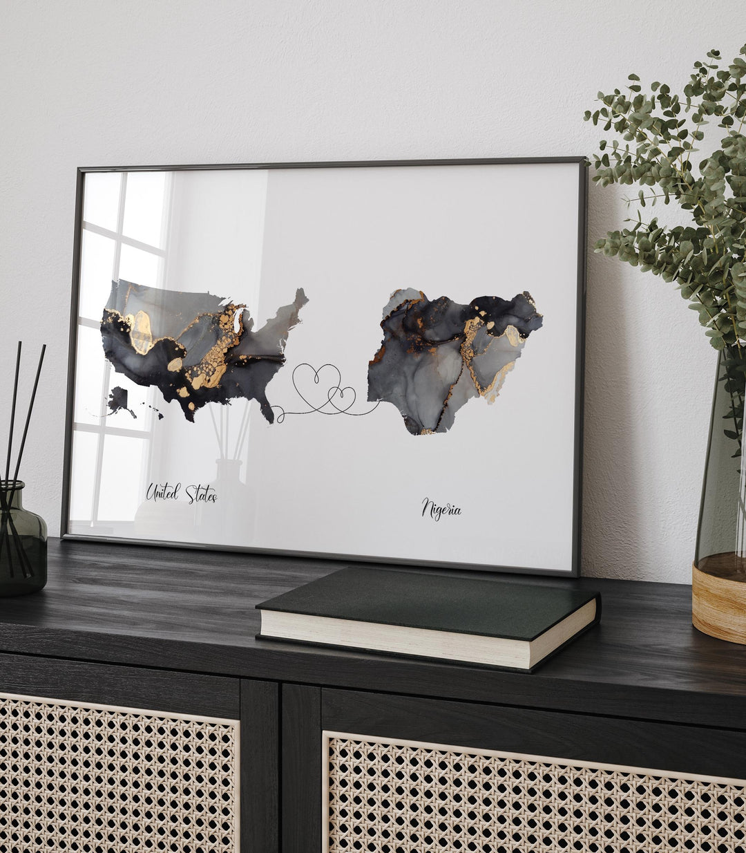 USA and Nigeria Map Black & Gold Travel Wall Art Print | United States | America | Travel Moving Home Gift