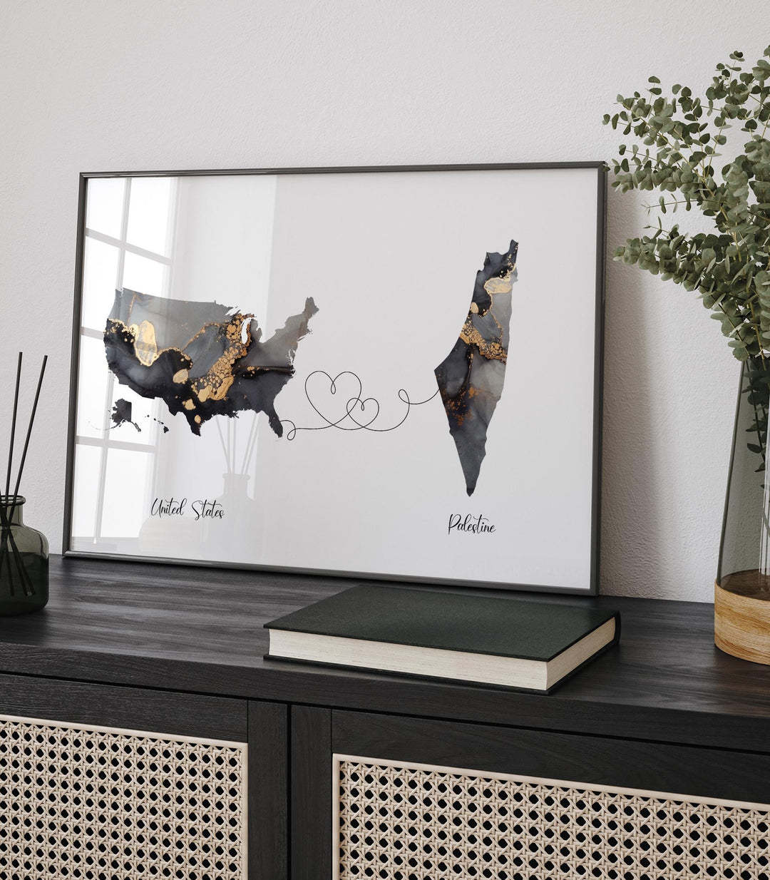 USA and Palestine Map Black & Gold Travel Wall Art Print | United States | America | Travel Moving Home Gift