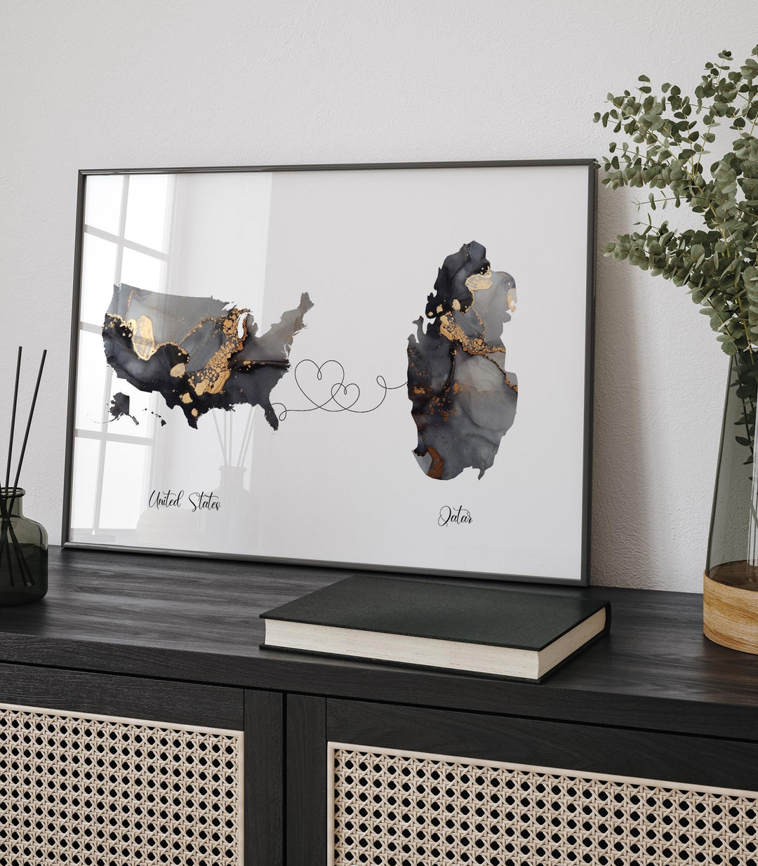USA and Qatar Map Black & Gold Travel Wall Art Print | United States | America | Travel Moving Home Gift