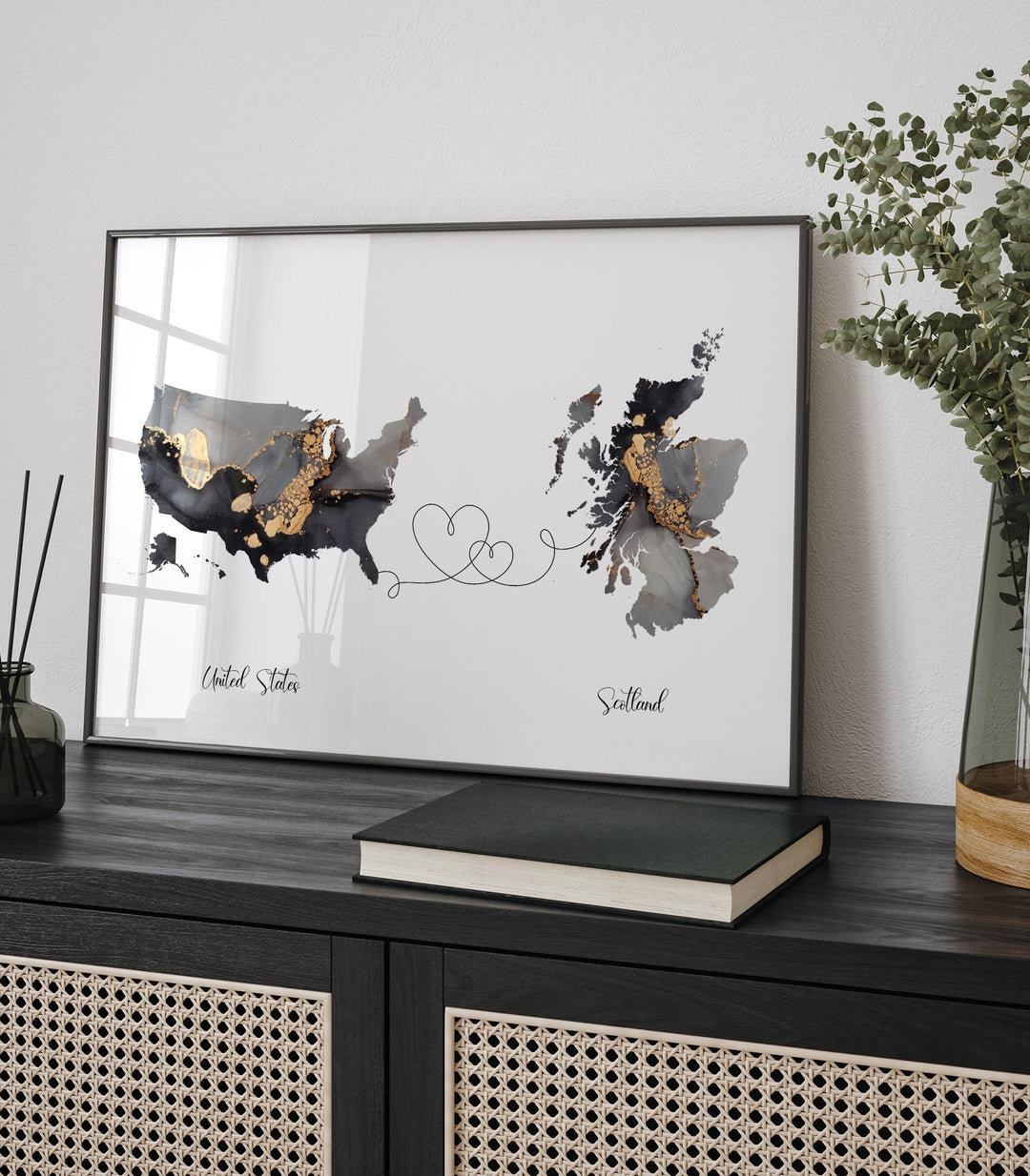 USA and Scotland Map Black & Gold Travel Wall Art Print | United States | America | Travel Moving Home Gift