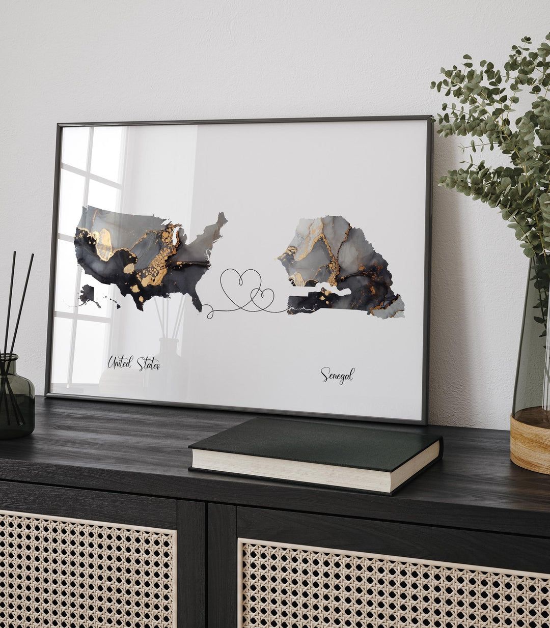 USA and Senegal Map Black & Gold Travel Wall Art Print | United States | America | Travel Moving Home Gift