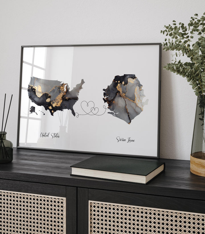 USA and Sierra Leone Map Black & Gold Travel Wall Art Print | United States | America | Travel Moving Home Gift