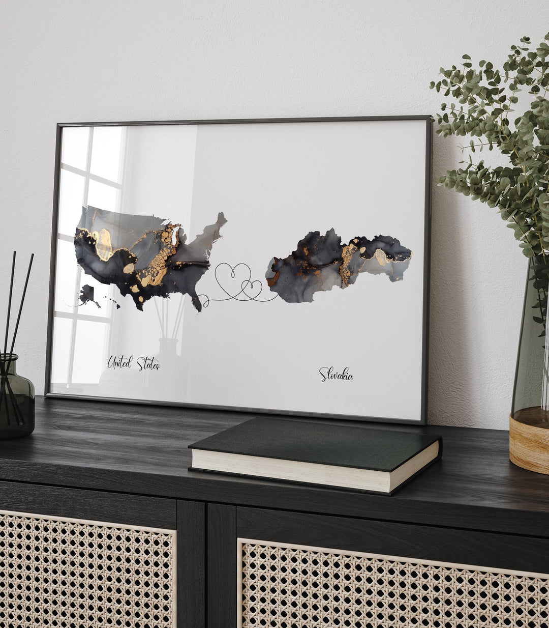 USA and Slovakia Map Black & Gold Travel Wall Art Print | United States | America | Travel Moving Home Gift