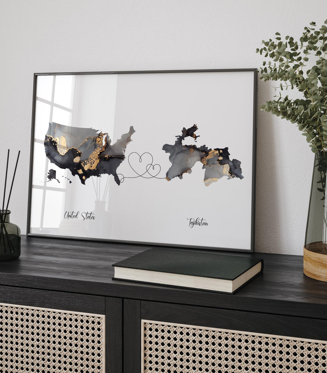USA and Tajikistan Map Black & Gold Travel Wall Art Print | United States | America | Travel Moving Home Gift