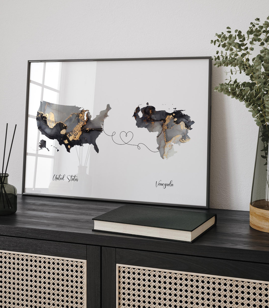 USA and Venezuela Map Black & Gold Travel Wall Art Print | United States | America | Travel Moving Home Gift
