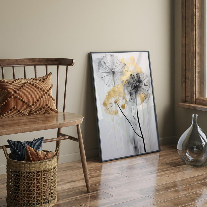 Dandelion Shades of Black, Grey, and Gold  Wall Art Print | Elegant Botanical Decor for Home or Office