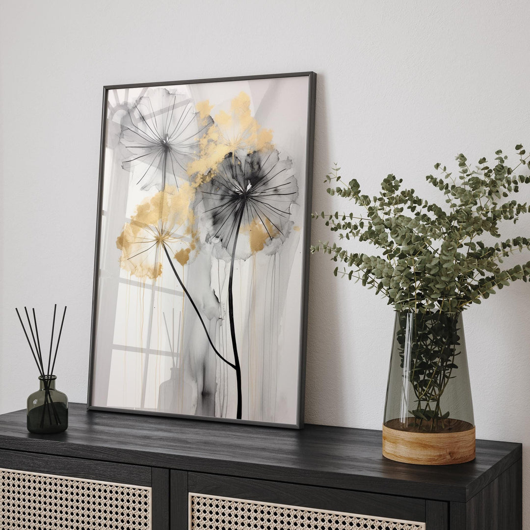 Dandelion Shades of Black, Grey, and Gold  Wall Art Print | Elegant Botanical Decor for Home or Office