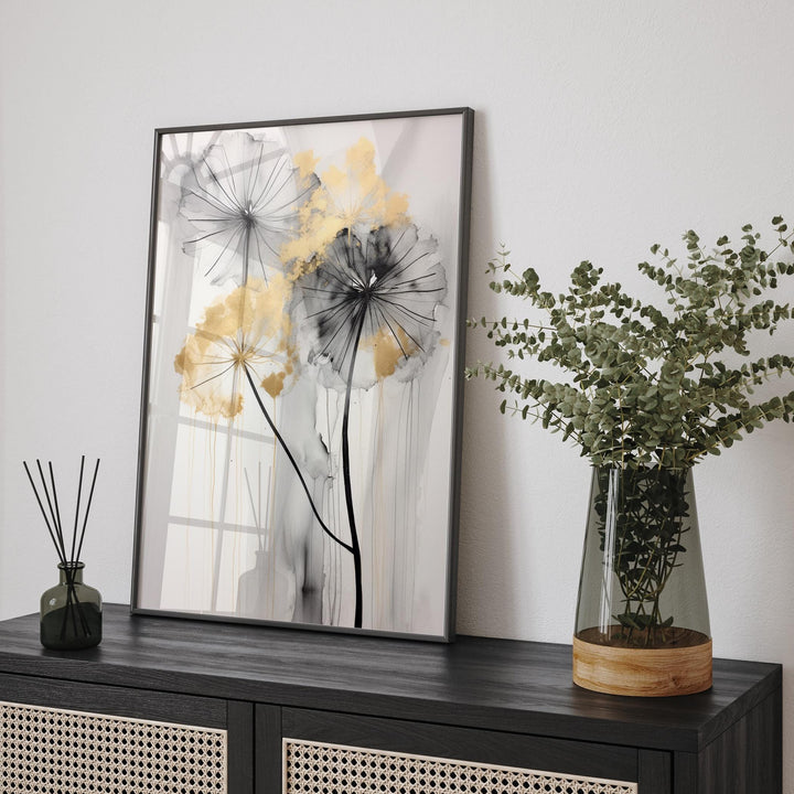 Dandelion Shades of Black, Grey, and Gold  Wall Art Print | Elegant Botanical Decor for Home or Office