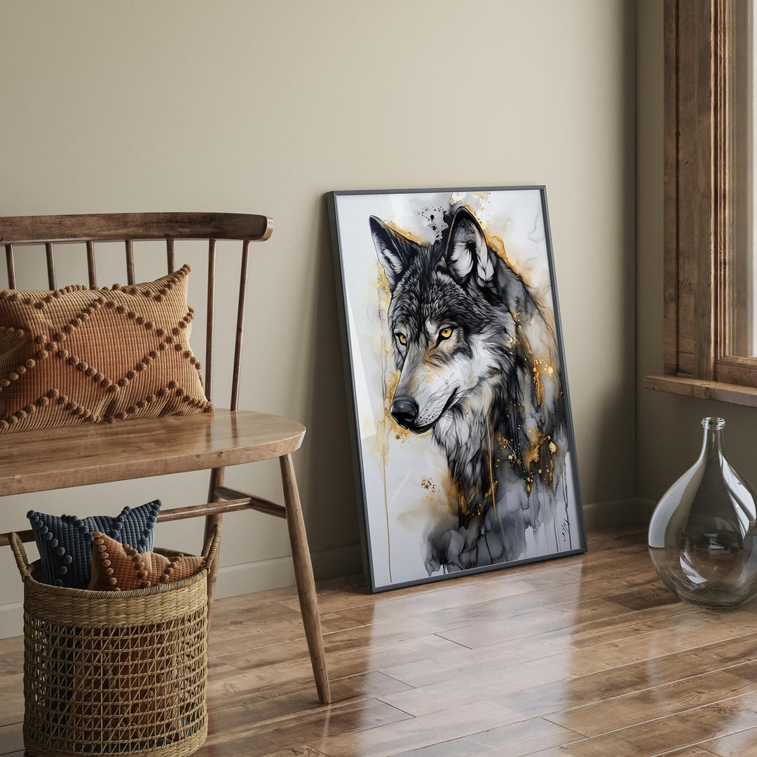 Wolf Wall Art In Shades Black, Grey and Gold | Elegant Wildlife Wall Art Print