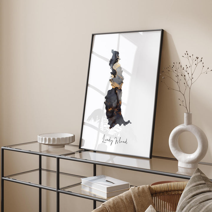 Lundy Island Devon Map Black & Gold Wall Art Print | England | United Kingdom | Great Britain
