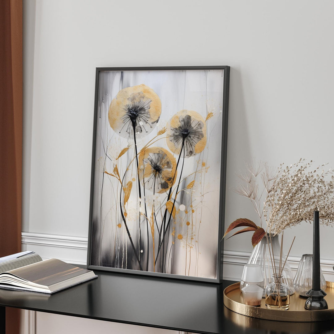 Dandelion Wall Art Print in Black and Gold |  Botanical Decor for Home and Office
