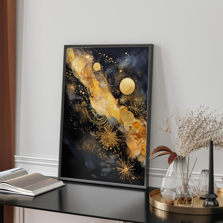 Galaxy Floral Bloom Art Print | Universe black and gold Floral Decor for Home and Office