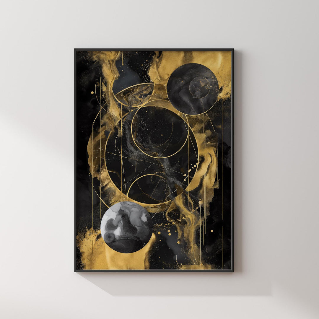Solar System Art Print | Black and Gold Celestial Space Design for Modern Home Decor