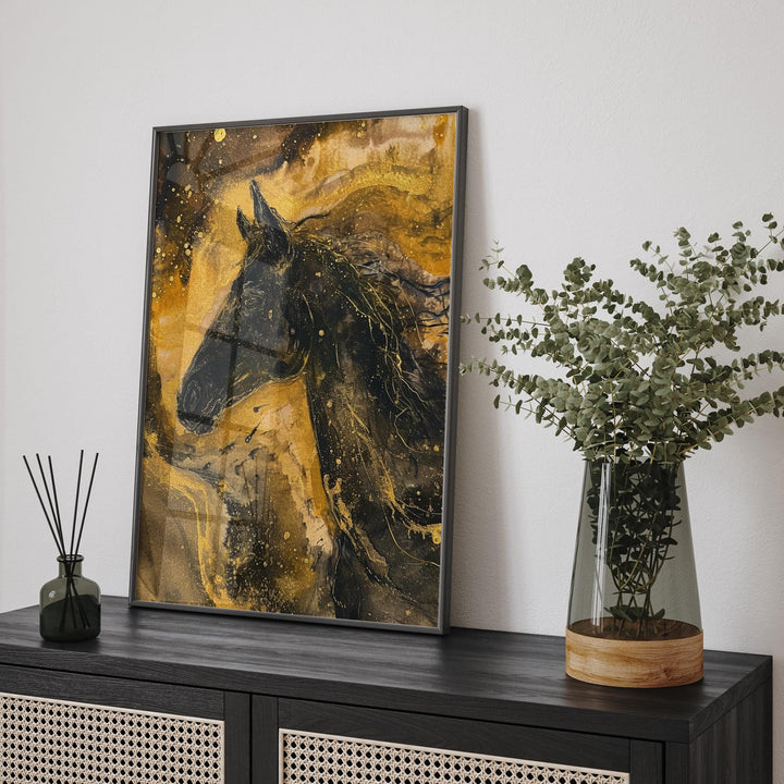 Black Horse with black & Gold background Wall Art Print  | Majestic Equine Artwork Floral Accents