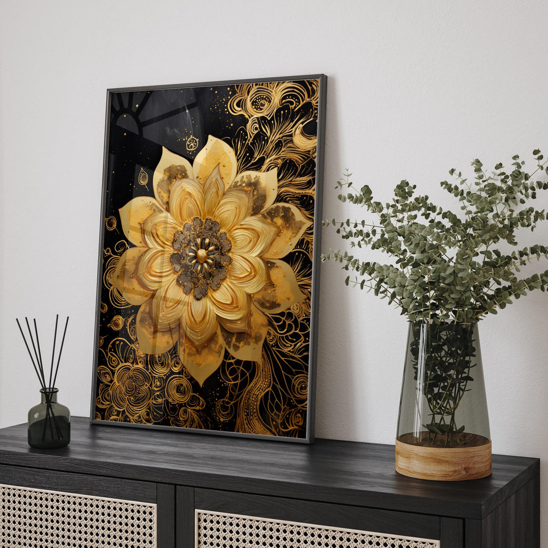 Gold Flower with black backgound Wall Art Print | Abstract Floral Nature-Inspired Decor