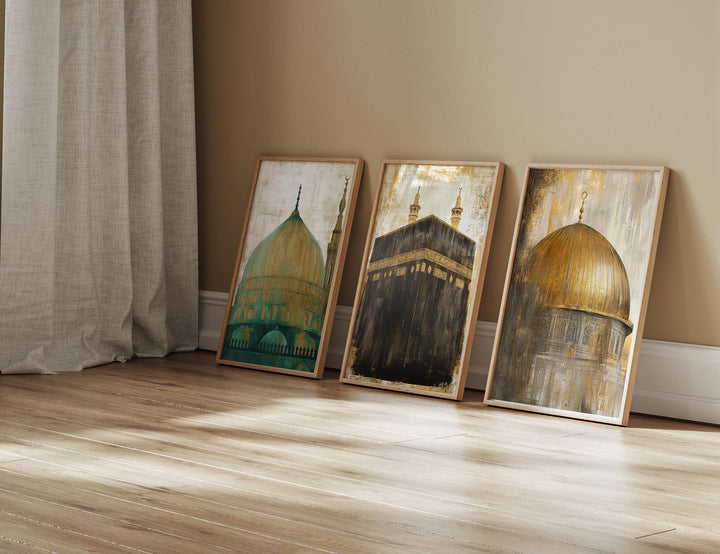 Set of 3 Kaaba, Masjid Nabwi & Dome of The Rock Vintage Islamic Holy Places Wall Art Prints | Al Aqsa Mosque Palestine | Makkah | Madiah
