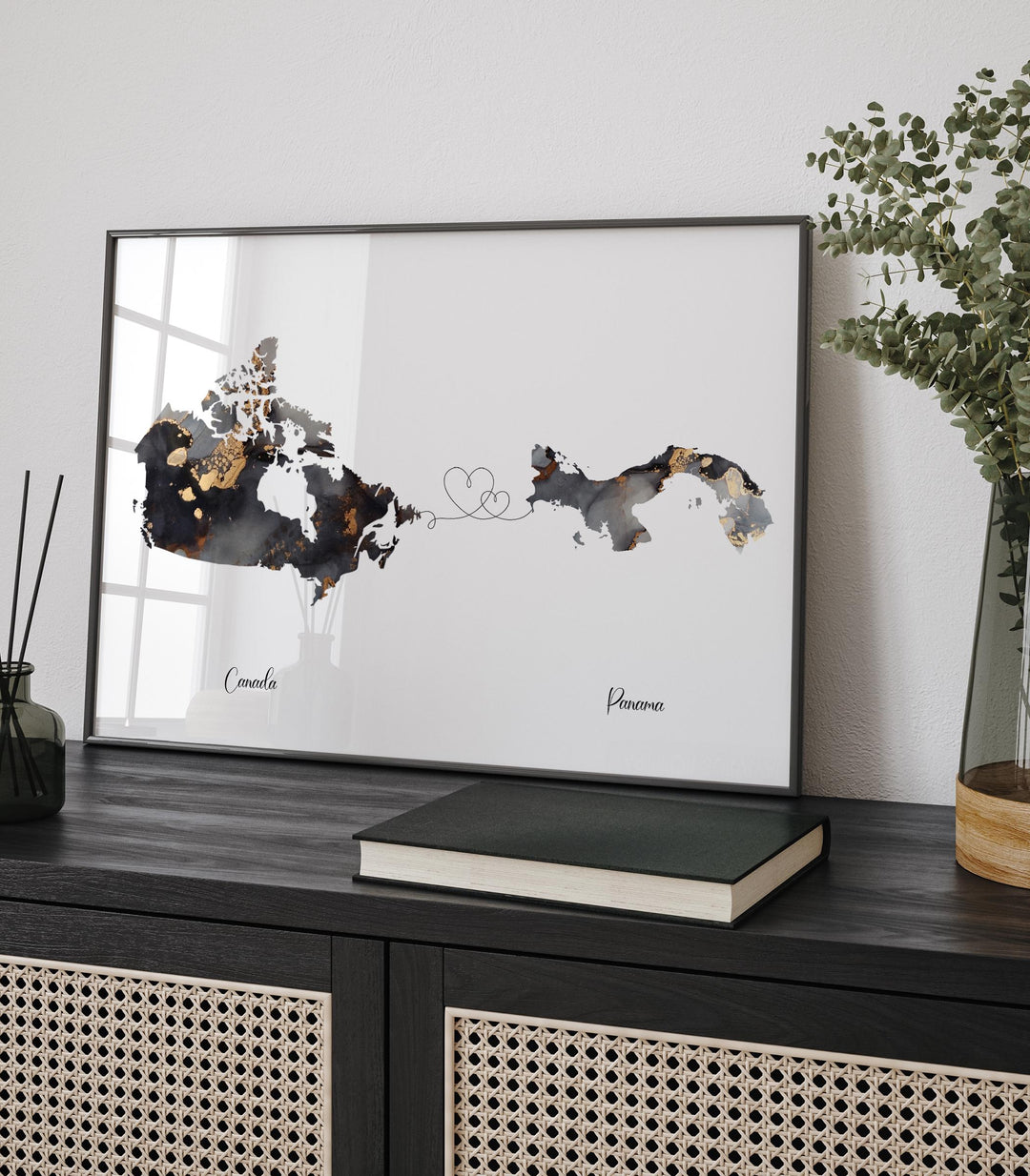 Canada and Panama Map Black & Gold Travel Wall Art Print | Canadian | Minimalist Decor | International Travel Art