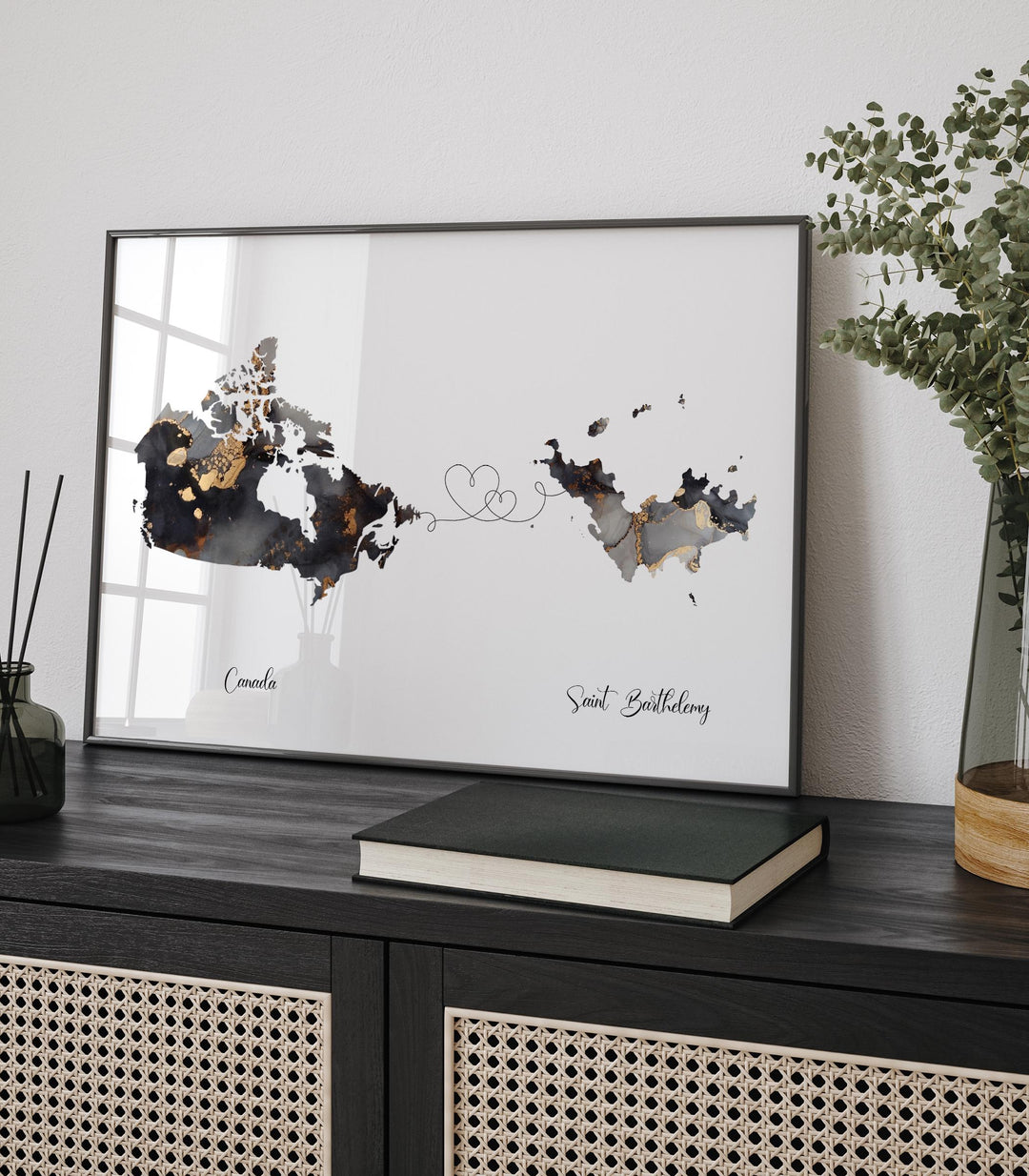 Canada and Saint Barthelemy Map Black & Gold Travel Wall Art Print | Canadian | Minimalist Decor | International Travel Art