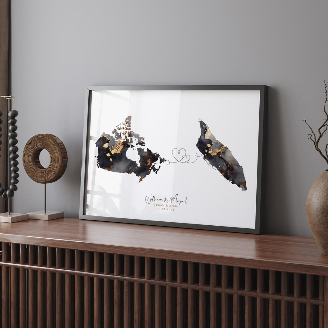 Canada and Aruba Map Black & Gold Travel Wall Art Print | Canadian | Minimalist Decor | International Travel Art