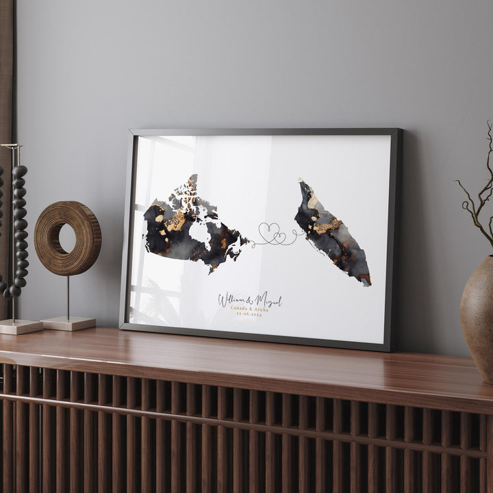 Canada and Aruba Map Black & Gold Travel Wall Art Print | Canadian | Minimalist Decor | International Travel Art